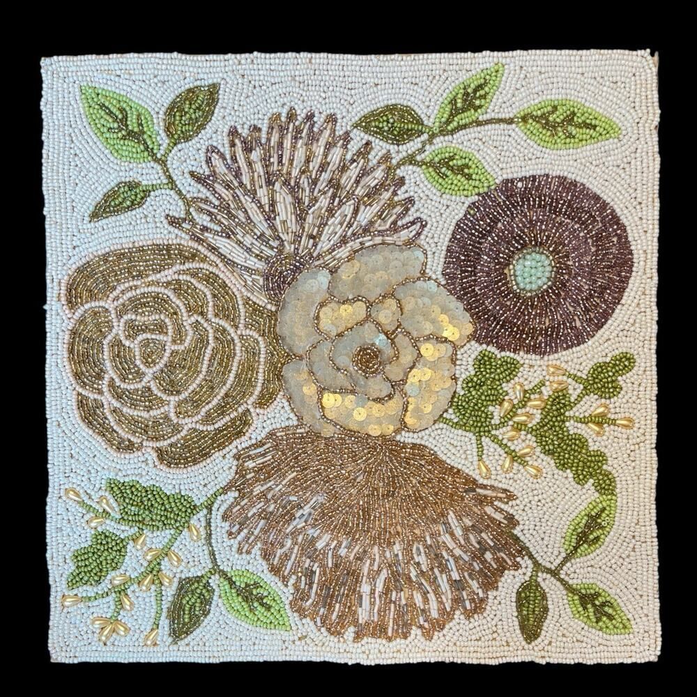 Hand Beaded Square Placemat Glass Beads Floral Neutral
